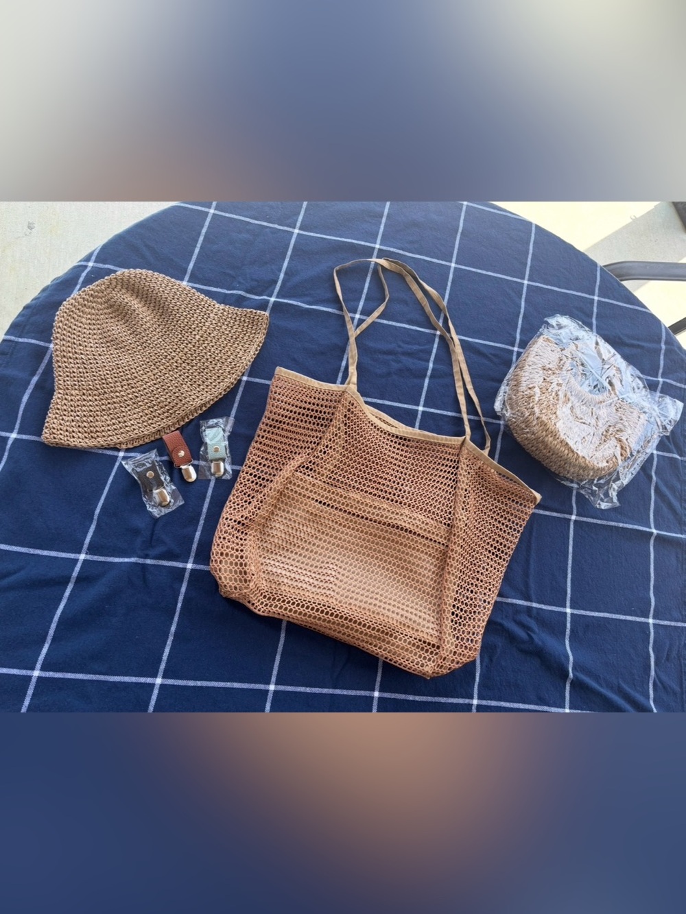Summer Beach Bundle Straw Hat Mesh Tote Woven Mini Bag Hat Clips for Bag